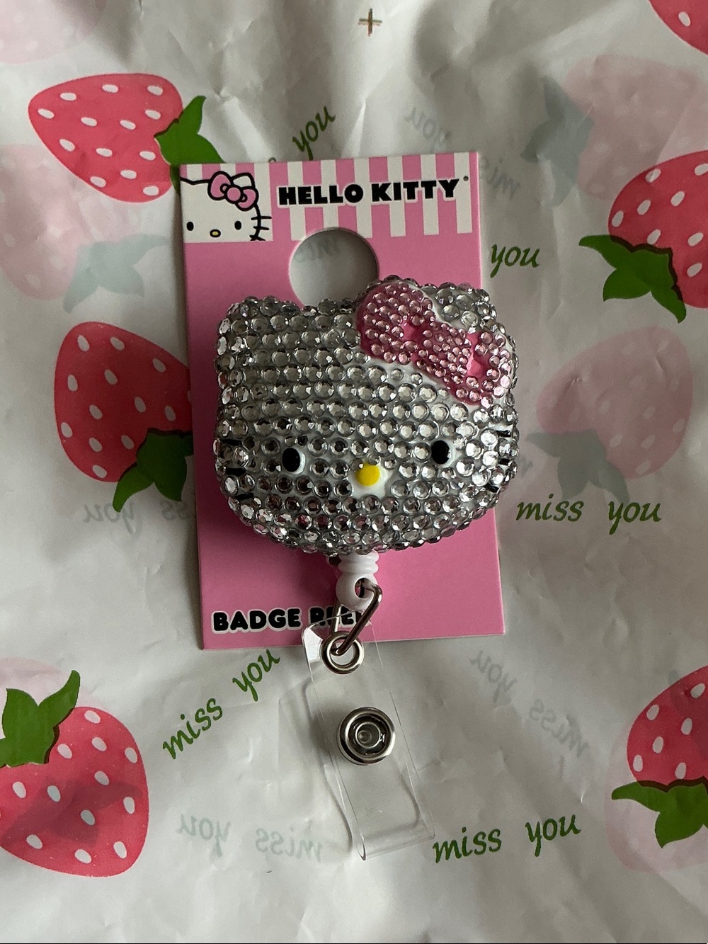 Hello Kitty Silver and Pink Rhinestone Badge Reel